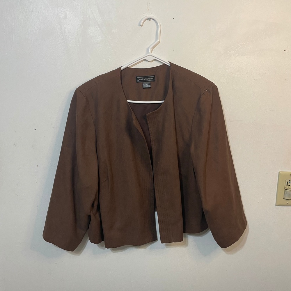 Jessica Howard Womens 18W Brown Faux Suede Open Front Cropped Blazer Jacket